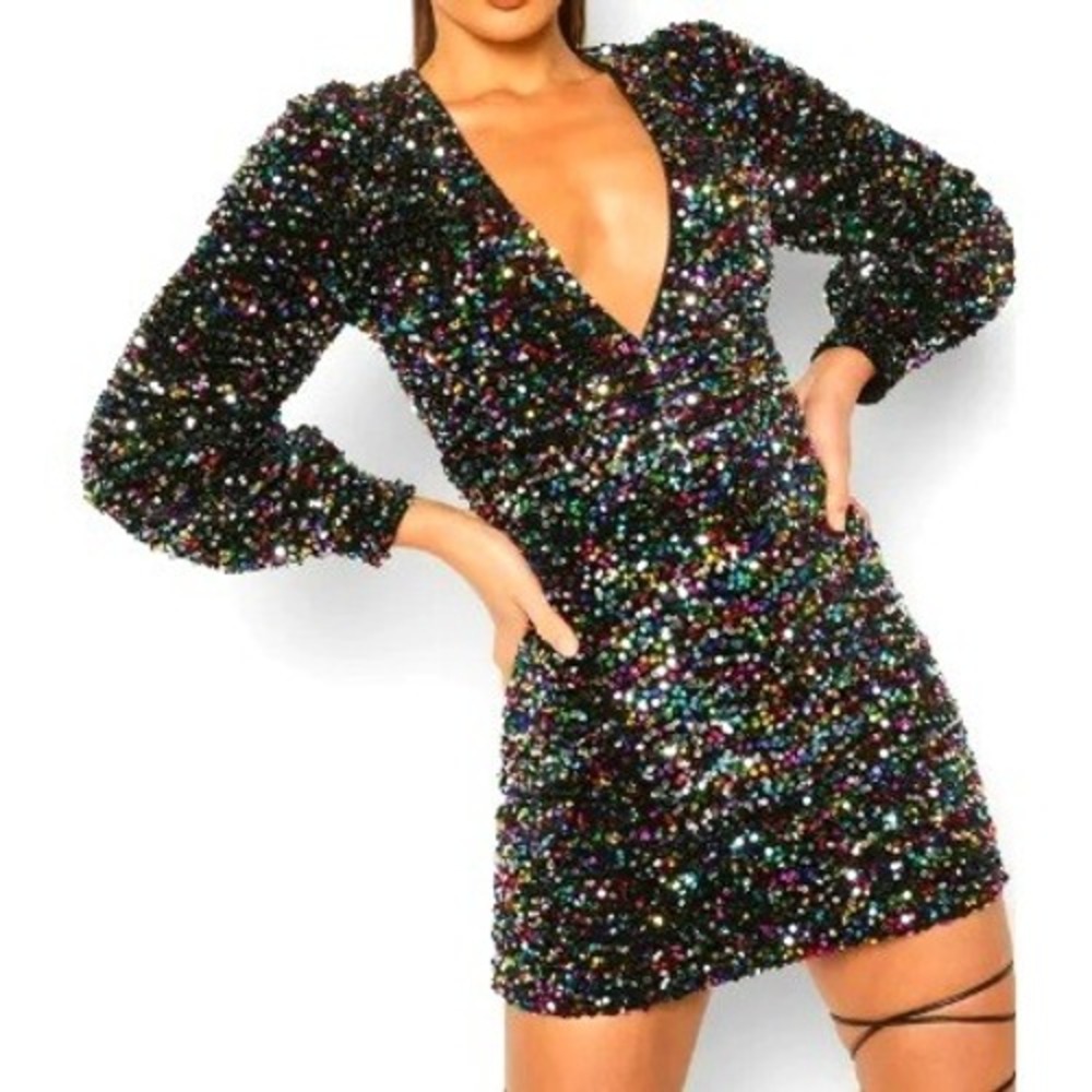 BOOHOO NWT Women's 10 Black Rainbow Sequin Balloon Sleeve Plunge Mini Dress NEW